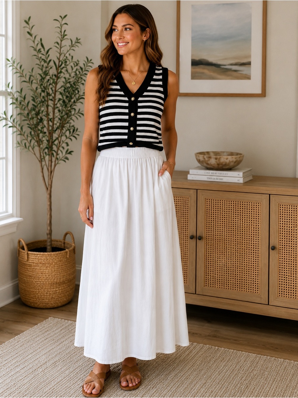 Women's White Elastic-Waist Maxi Skirt  and Vest- Classic Summer Essential
